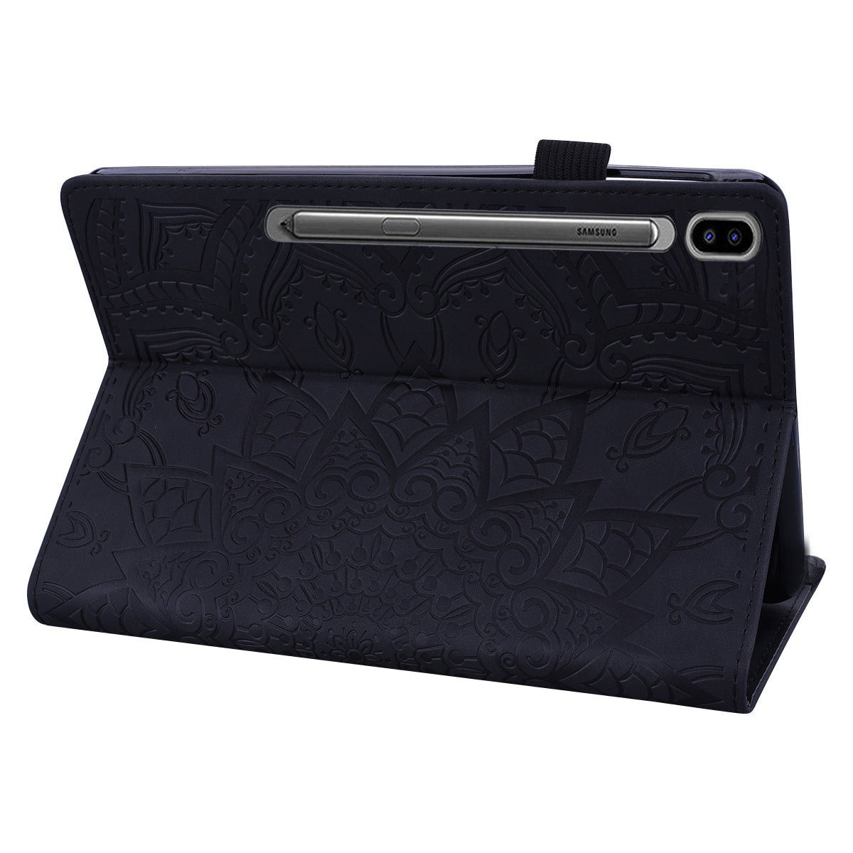 For Samsung Galaxy Tab S9 FE / S9 / S8 / S7 Flower Pattern Imprinting Leather Tablet Stand Cover Shell with Pen Holder Strap - Black