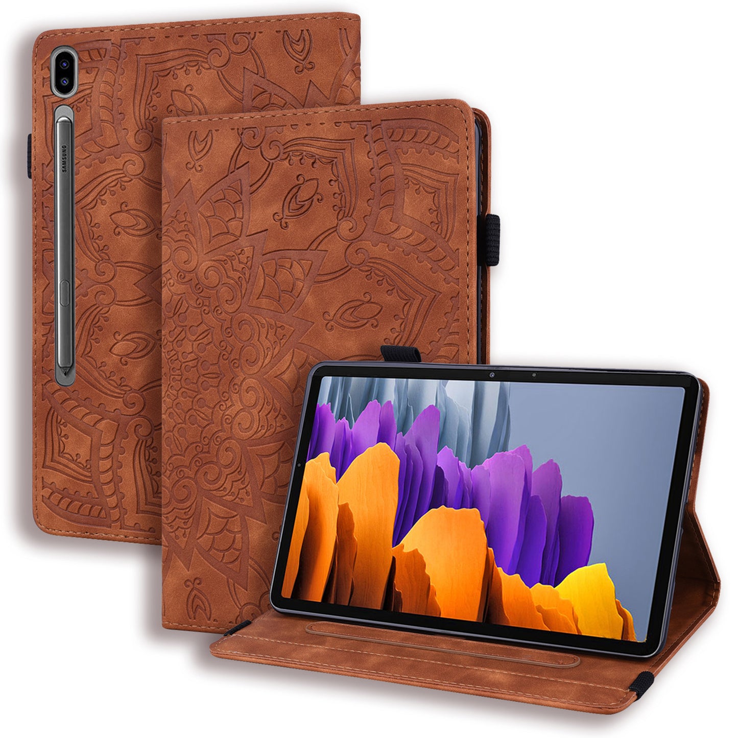 For Samsung Galaxy Tab S9 FE / S9 / S8 / S7 Flower Pattern Imprinting Leather Tablet Stand Cover Shell with Pen Holder Strap - Brown