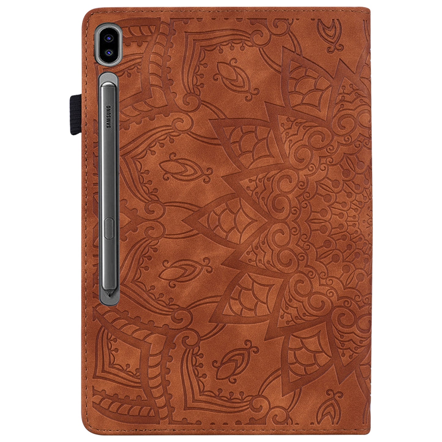 For Samsung Galaxy Tab S9 FE / S9 / S8 / S7 Flower Pattern Imprinting Leather Tablet Stand Cover Shell with Pen Holder Strap - Brown