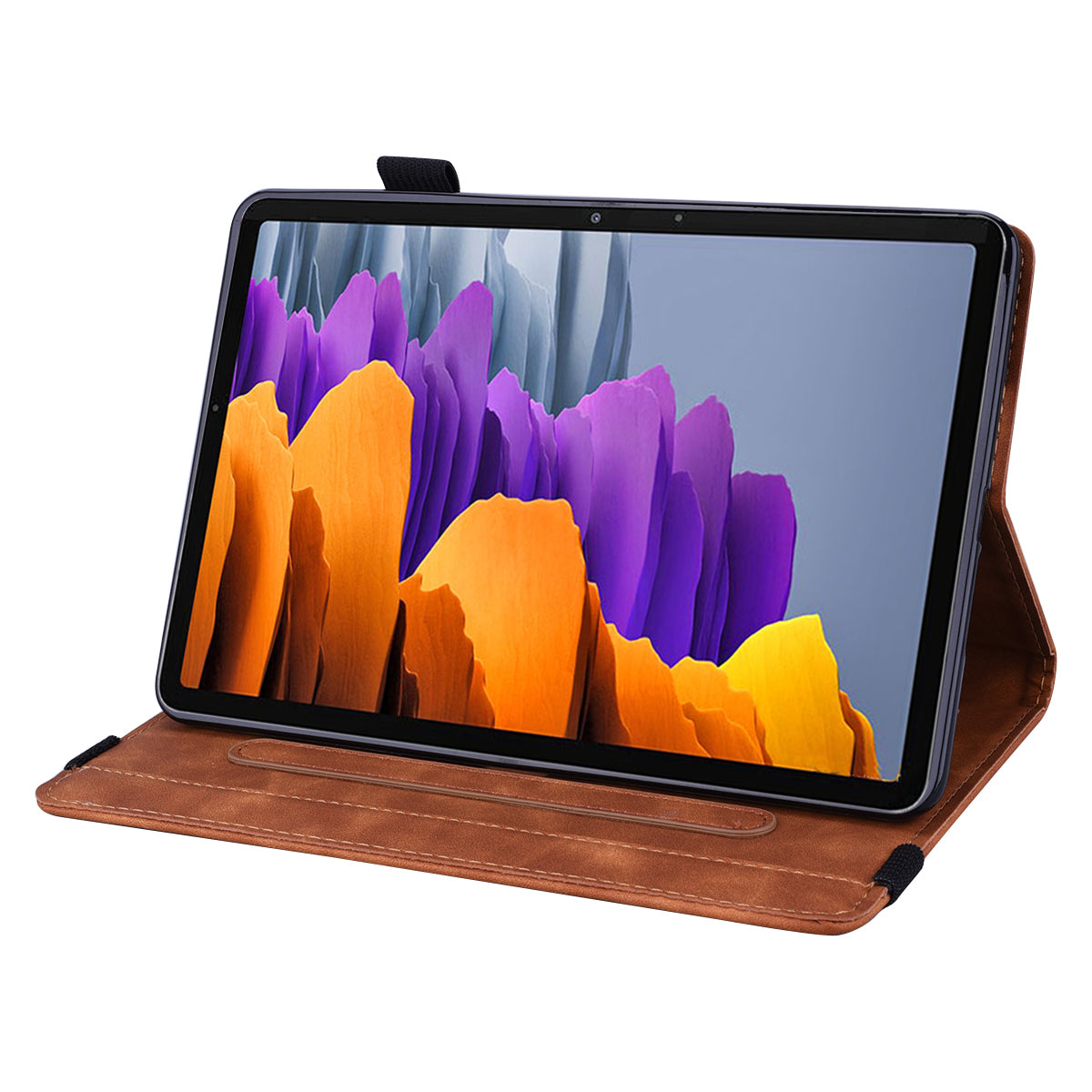 For Samsung Galaxy Tab S9 FE / S9 / S8 / S7 Flower Pattern Imprinting Leather Tablet Stand Cover Shell with Pen Holder Strap - Brown
