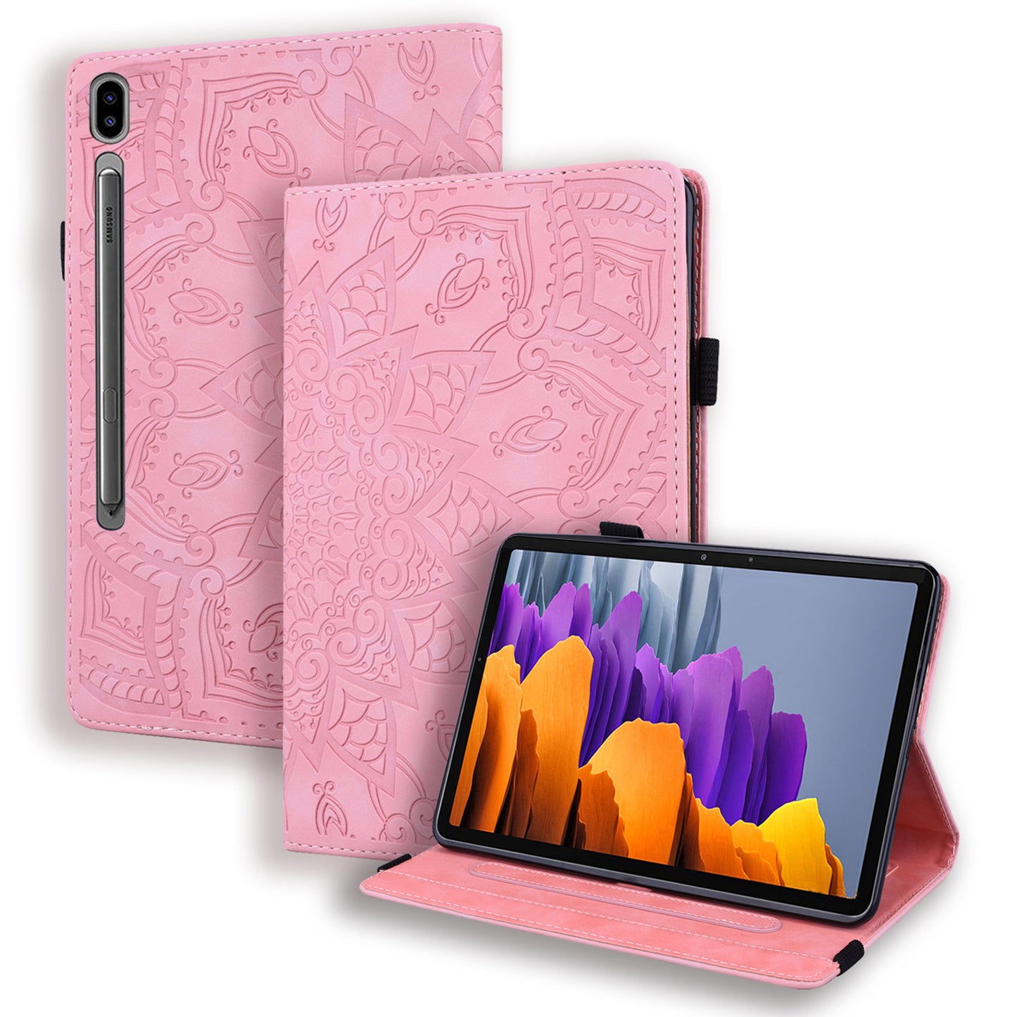 For Samsung Galaxy Tab S9 FE / S9 / S8 / S7 Flower Pattern Imprinting Leather Tablet Stand Cover Shell with Pen Holder Strap - Pink
