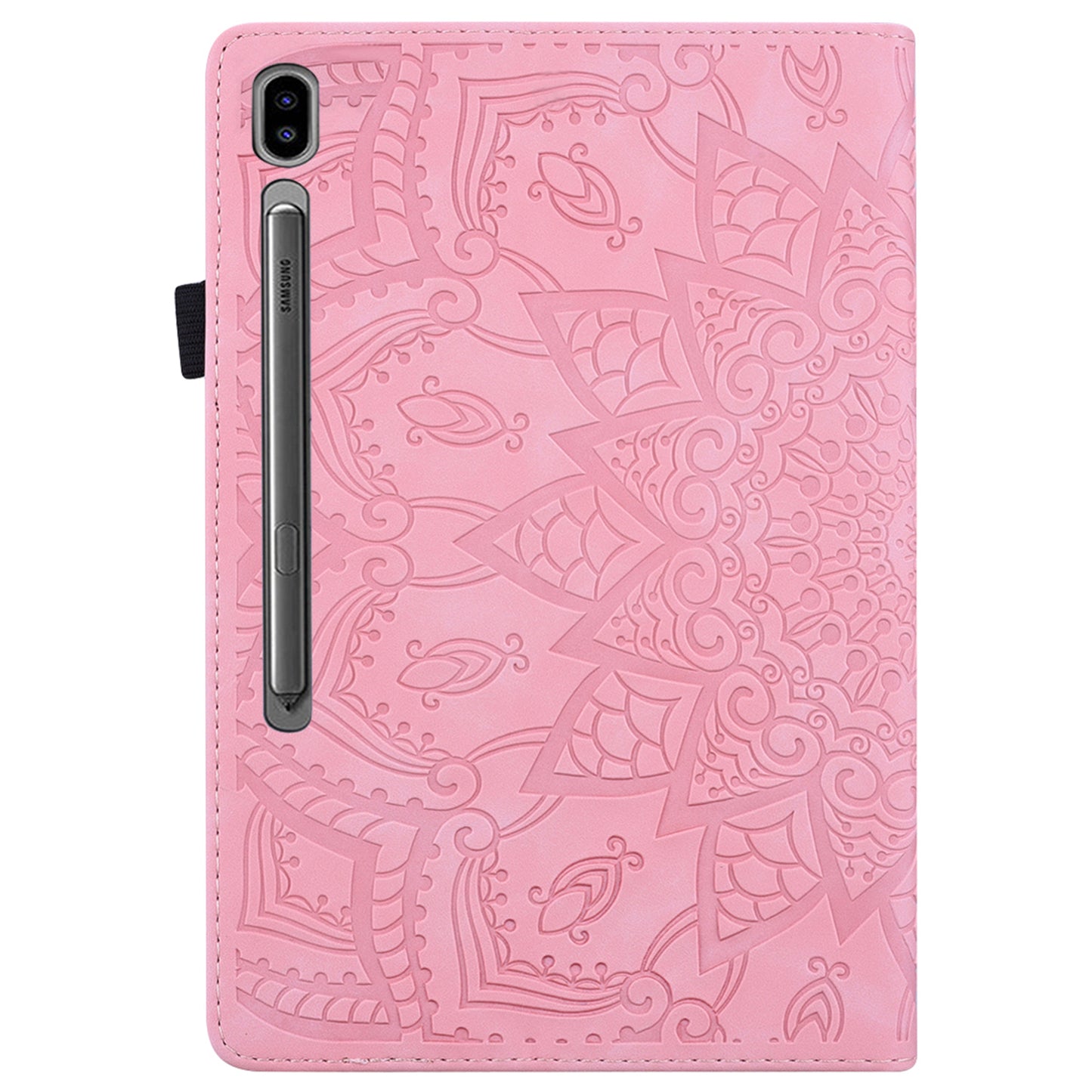 For Samsung Galaxy Tab S9 FE / S9 / S8 / S7 Flower Pattern Imprinting Leather Tablet Stand Cover Shell with Pen Holder Strap - Pink