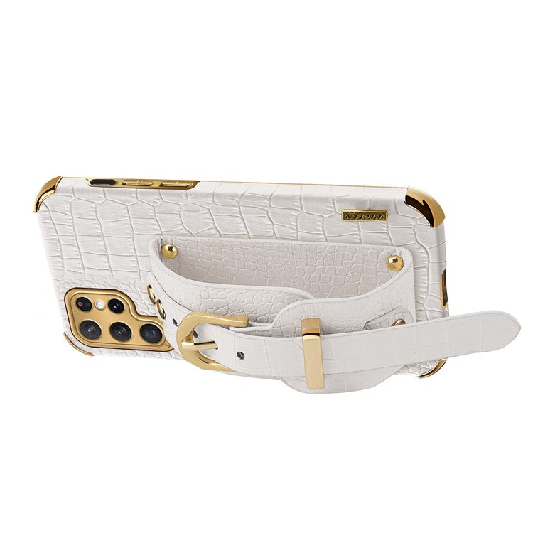 For Samsung Galaxy S22 Ultra 5G Crocodile Texture 6D Electroplating Precise Cutout PU Leather Coated TPU Flexible Phone Case - White