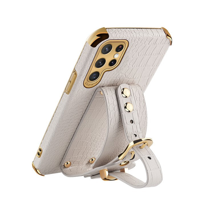 For Samsung Galaxy S22 Ultra 5G Crocodile Texture 6D Electroplating Precise Cutout PU Leather Coated TPU Flexible Phone Case - White