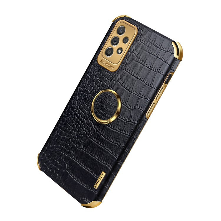 For Samsung Galaxy A73 5G 6D Electroplated Crocodile Texture Case Rotating Finger Ring Kickstand Leather Coated TPU Phone Shell Case - White