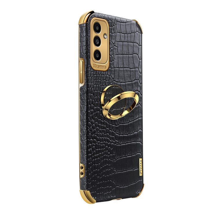 For Samsung Galaxy M52 5G 6D Electroplated Finger Ring Kickstand Design Precise Cutout Crocodile Texture Leather Coated TPU Phone Case - Black