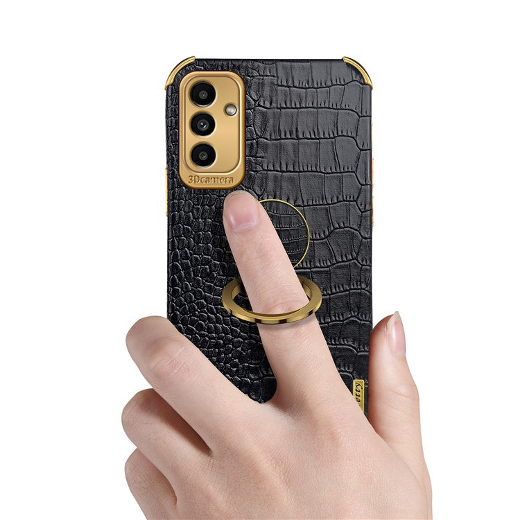 For Samsung Galaxy M52 5G 6D Electroplated Finger Ring Kickstand Design Precise Cutout Crocodile Texture Leather Coated TPU Phone Case - Black