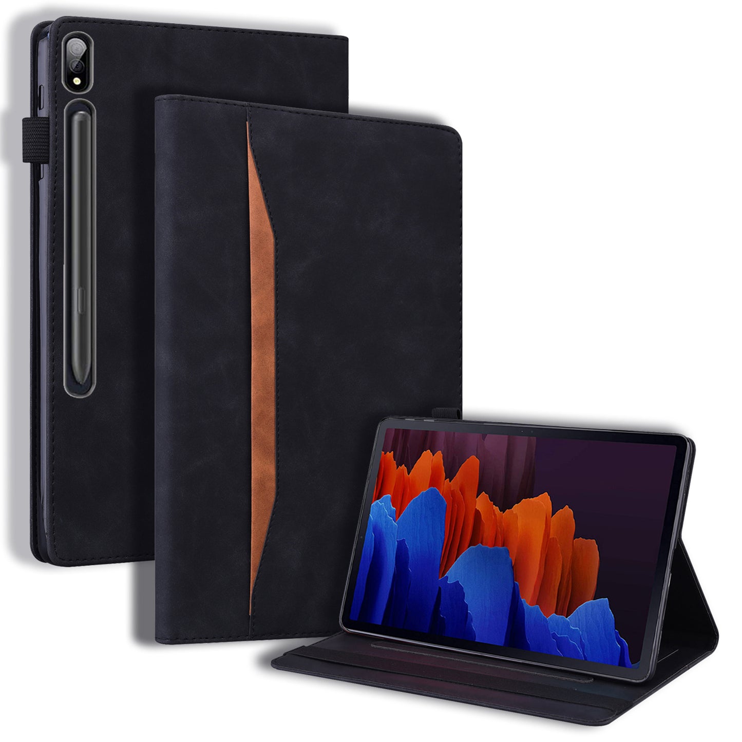 For Samsung Galaxy Tab S9 FE / S9 / S8 / S7 PU Leather Business Wallet Protective Case Stand Shockproof Cover with Pencil Holder - Black