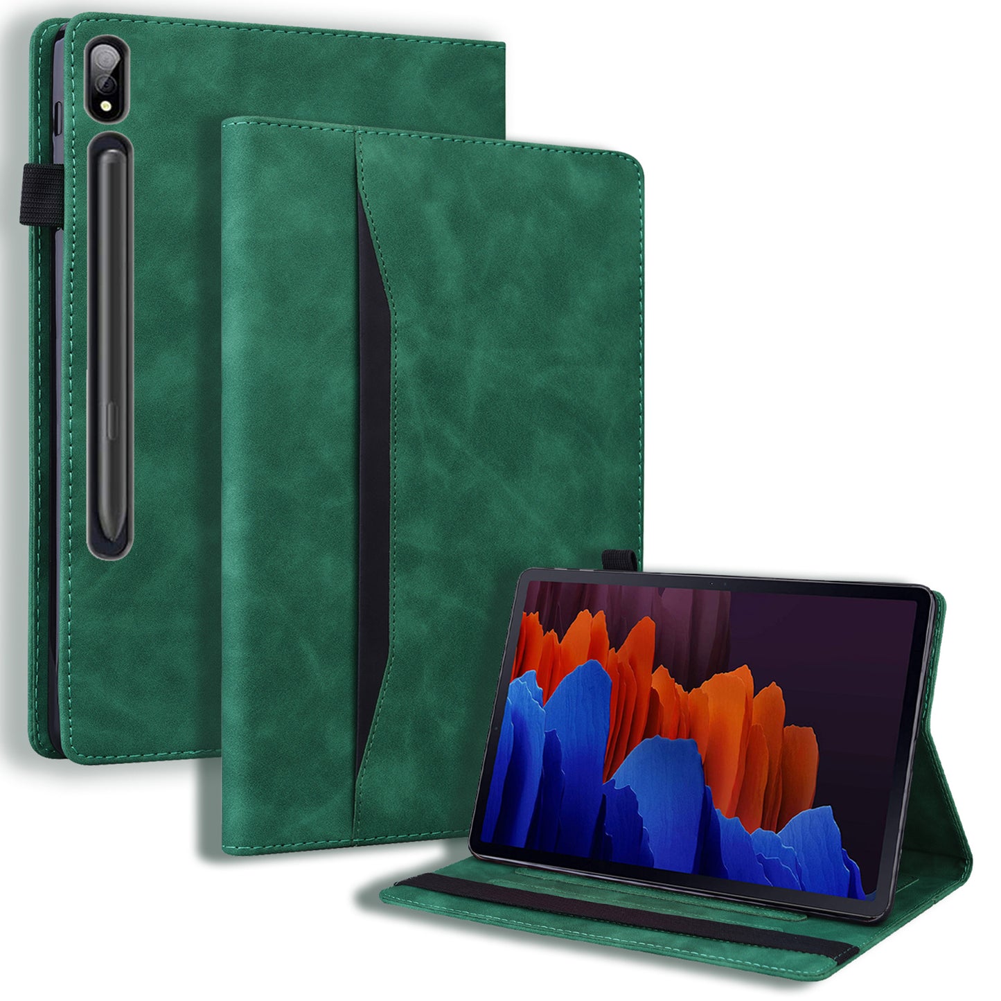 For Samsung Galaxy Tab S9 FE / S9 / S8 / S7 PU Leather Business Wallet Protective Case Stand Shockproof Cover with Pencil Holder - Green