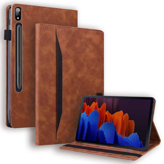 For Samsung Galaxy Tab S9 FE / S9 / S8 / S7 PU Leather Business Wallet Protective Case Stand Shockproof Cover with Pencil Holder - Brown