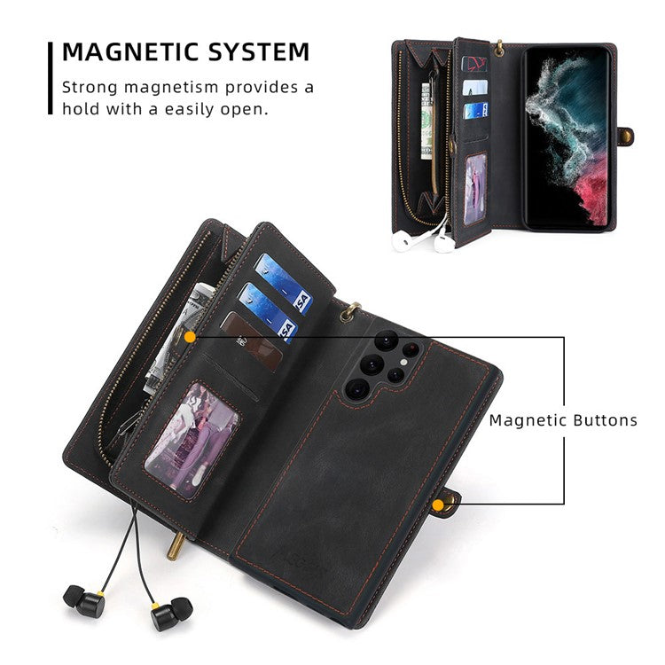 MEGSHI 017 Series Detachable Magnet Cover for Samsung Galaxy S22 Ultra 5G, Zipper Purse PU Leather Shockproof Flip Case with Wrist Strap - Black