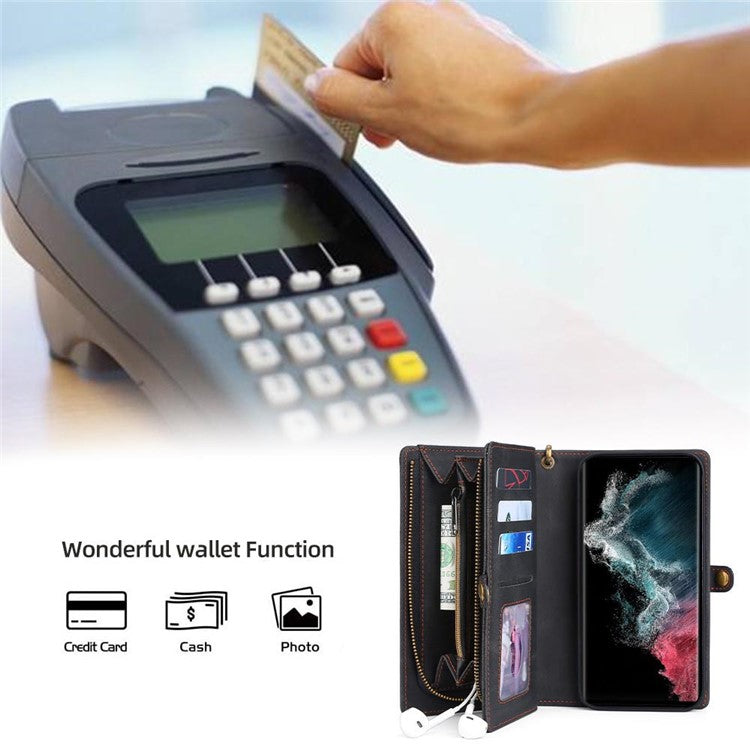 MEGSHI 017 Series Detachable Magnet Cover for Samsung Galaxy S22 Ultra 5G, Zipper Purse PU Leather Shockproof Flip Case with Wrist Strap - Black