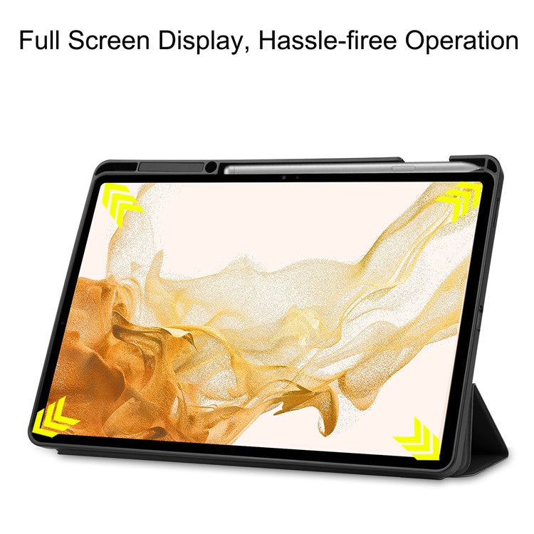 For Samsung Galaxy Tab S8+ Anti-scratch Shockproof TPU+PU Leather Trifold Stand Auto Sleep/Wake Design Tablet Cover with Pencil Holder - Black