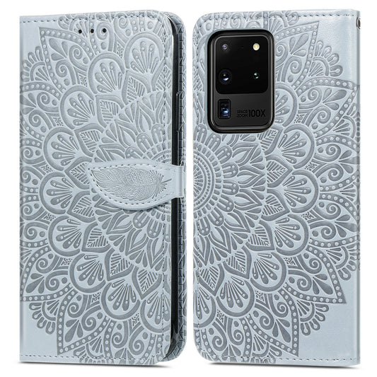 For Samsung Galaxy S20 Ultra Flip Phone Case Imprinted Dream Wings Pattern TPU+PU Leather Folio Stand Function Wallet Phone Cover with Strap - Grey