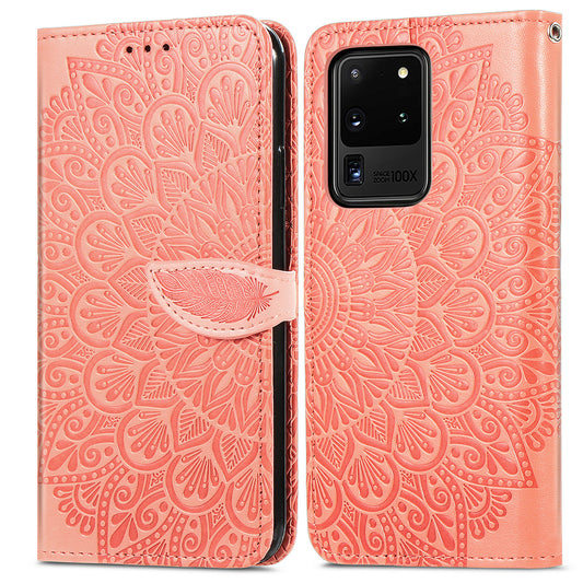 For Samsung Galaxy S20 Ultra Flip Phone Case Imprinted Dream Wings Pattern TPU+PU Leather Folio Stand Function Wallet Phone Cover with Strap - Orange
