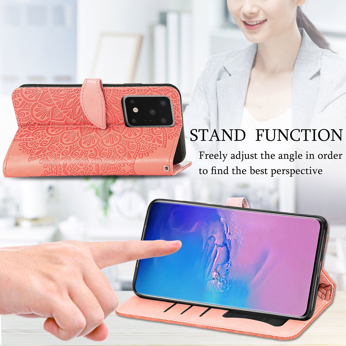 For Samsung Galaxy S20 Ultra Flip Phone Case Imprinted Dream Wings Pattern TPU+PU Leather Folio Stand Function Wallet Phone Cover with Strap - Orange