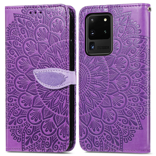 For Samsung Galaxy S20 Ultra Flip Phone Case Imprinted Dream Wings Pattern TPU+PU Leather Folio Stand Function Wallet Phone Cover with Strap - Purple
