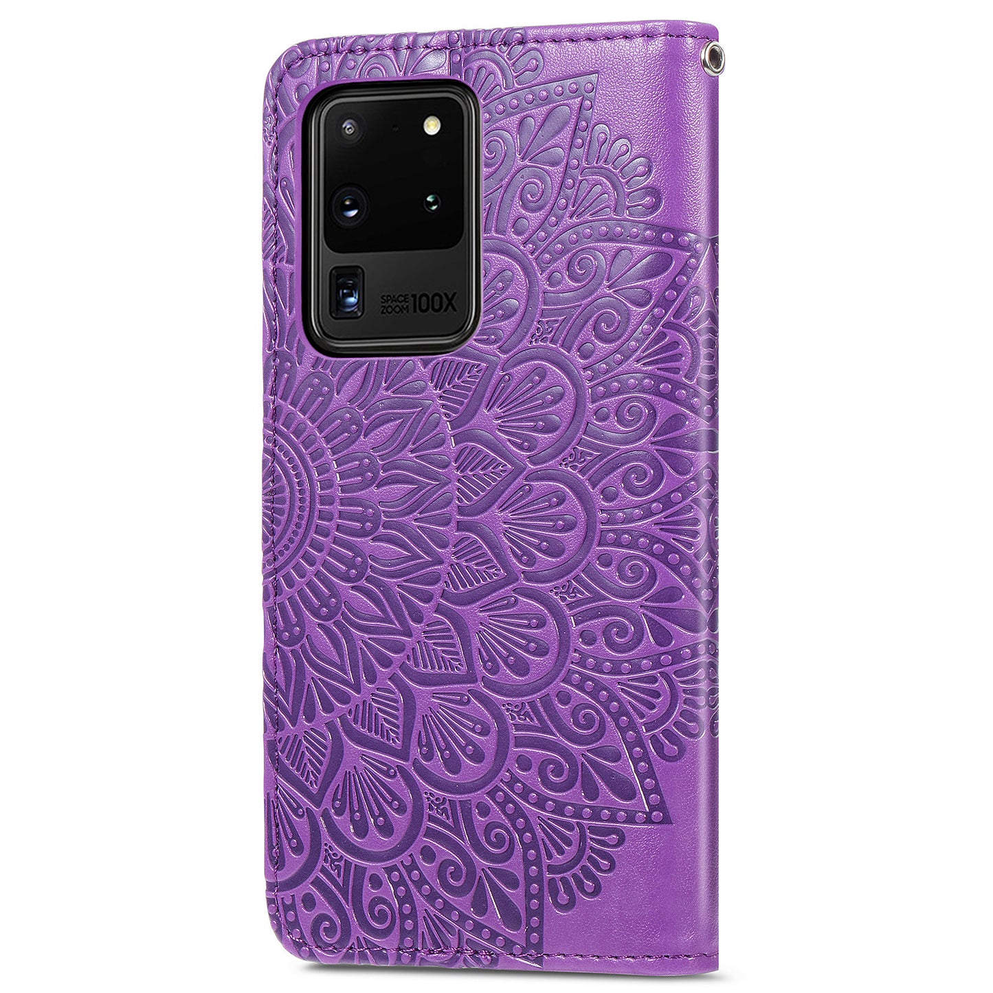 For Samsung Galaxy S20 Ultra Flip Phone Case Imprinted Dream Wings Pattern TPU+PU Leather Folio Stand Function Wallet Phone Cover with Strap - Purple