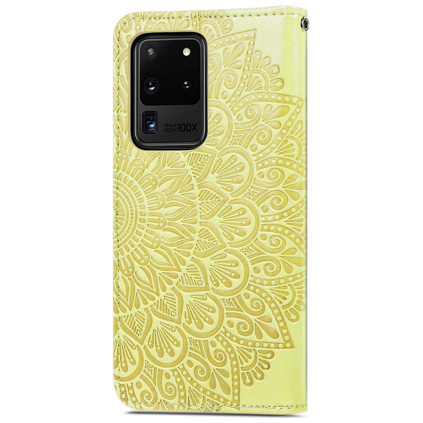 For Samsung Galaxy S20 Ultra Flip Phone Case Imprinted Dream Wings Pattern TPU+PU Leather Folio Stand Function Wallet Phone Cover with Strap - Yellow