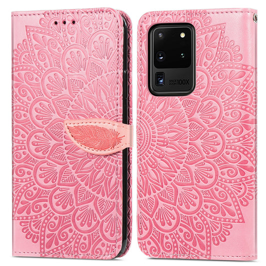 For Samsung Galaxy S20 Ultra Flip Phone Case Imprinted Dream Wings Pattern TPU+PU Leather Folio Stand Function Wallet Phone Cover with Strap - Pink