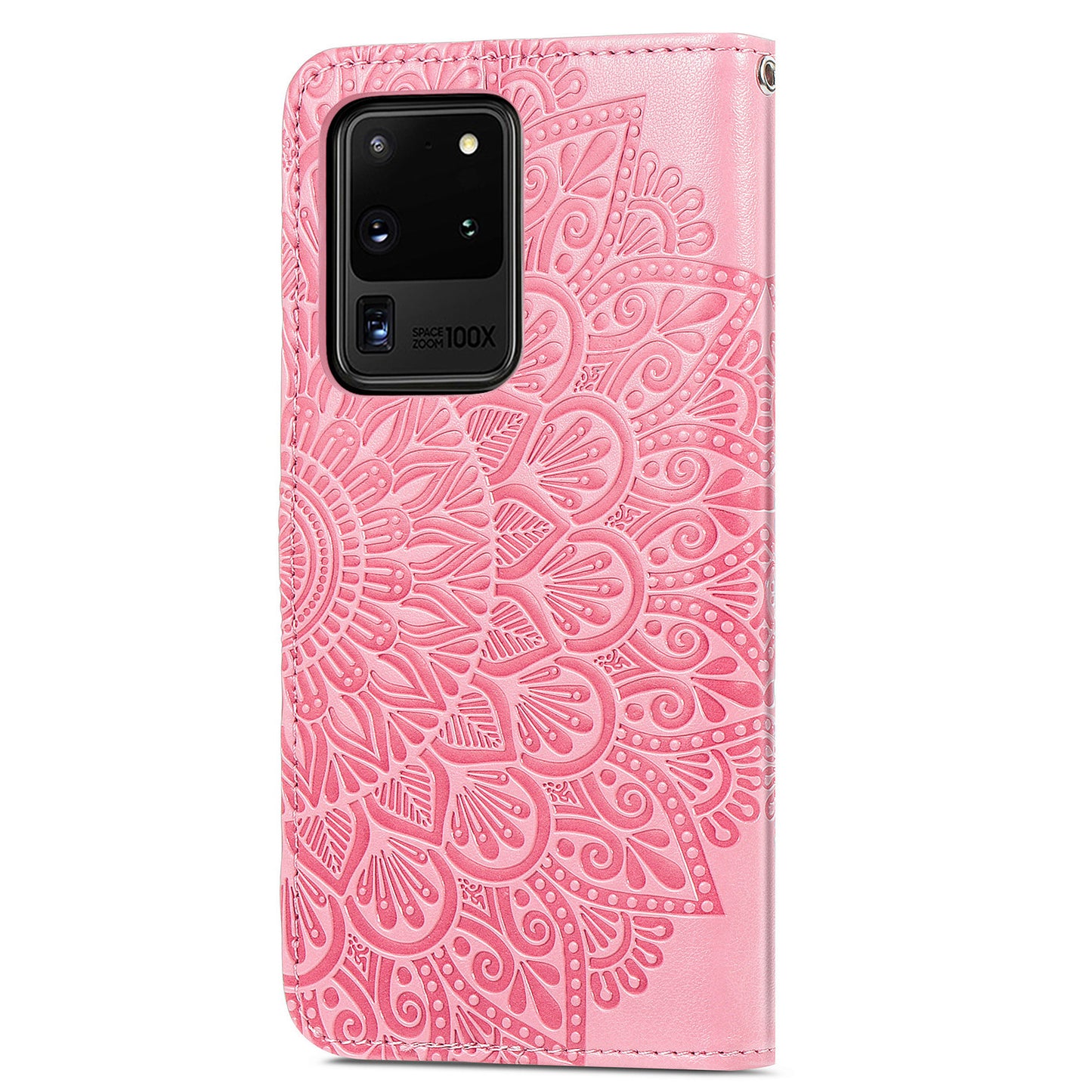For Samsung Galaxy S20 Ultra Flip Phone Case Imprinted Dream Wings Pattern TPU+PU Leather Folio Stand Function Wallet Phone Cover with Strap - Pink