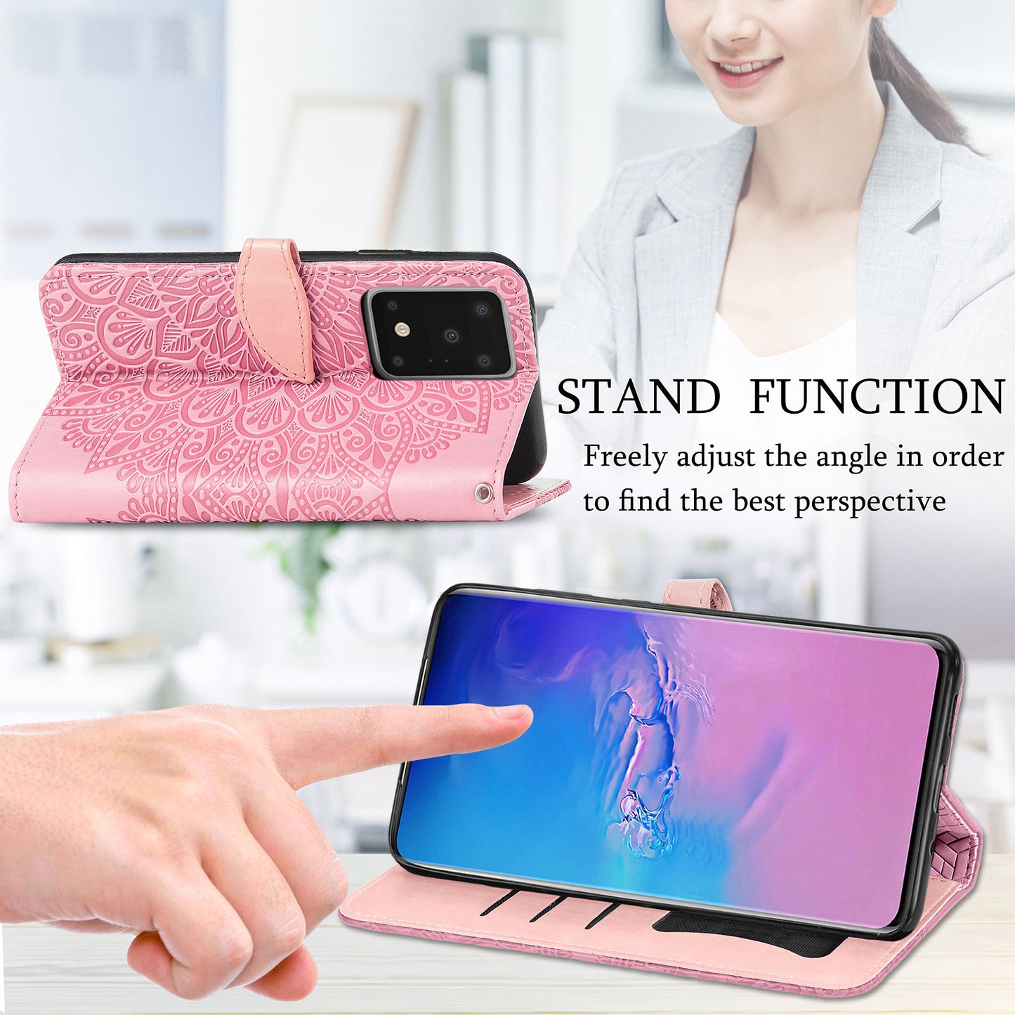 For Samsung Galaxy S20 Ultra Flip Phone Case Imprinted Dream Wings Pattern TPU+PU Leather Folio Stand Function Wallet Phone Cover with Strap - Pink