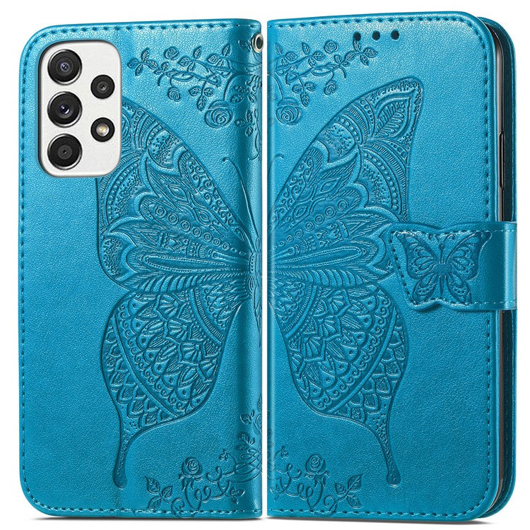 Imprinting Butterfly Flower Leather Case for Samsung Galaxy A33 5G, Wallet Viewing Stand Phone Cover - Blue