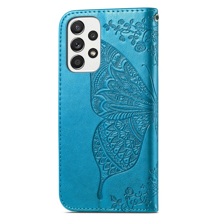 Imprinting Butterfly Flower Leather Case for Samsung Galaxy A33 5G, Wallet Viewing Stand Phone Cover - Blue