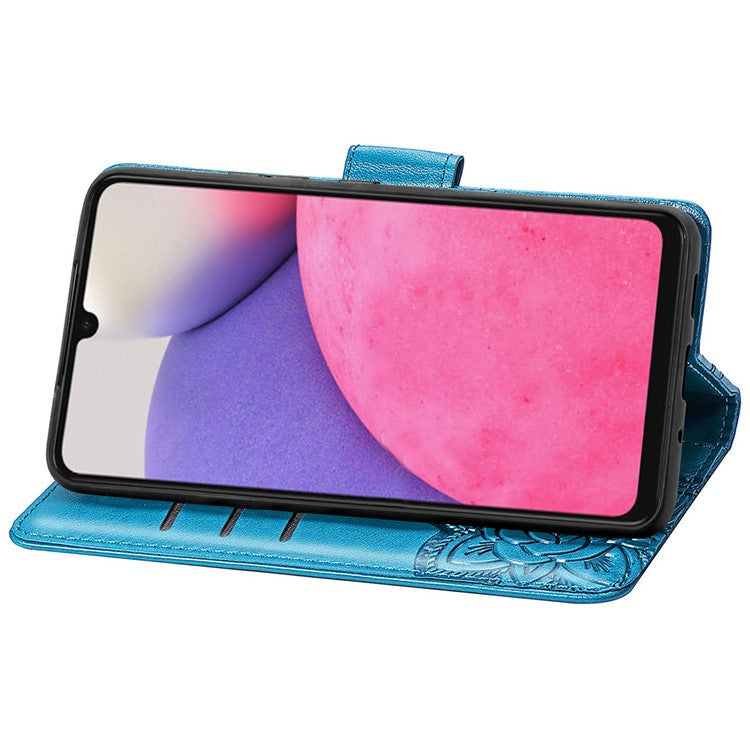 Imprinting Butterfly Flower Leather Case for Samsung Galaxy A33 5G, Wallet Viewing Stand Phone Cover - Blue