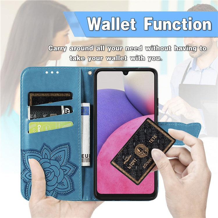 Imprinting Butterfly Flower Leather Case for Samsung Galaxy A33 5G, Wallet Viewing Stand Phone Cover - Blue