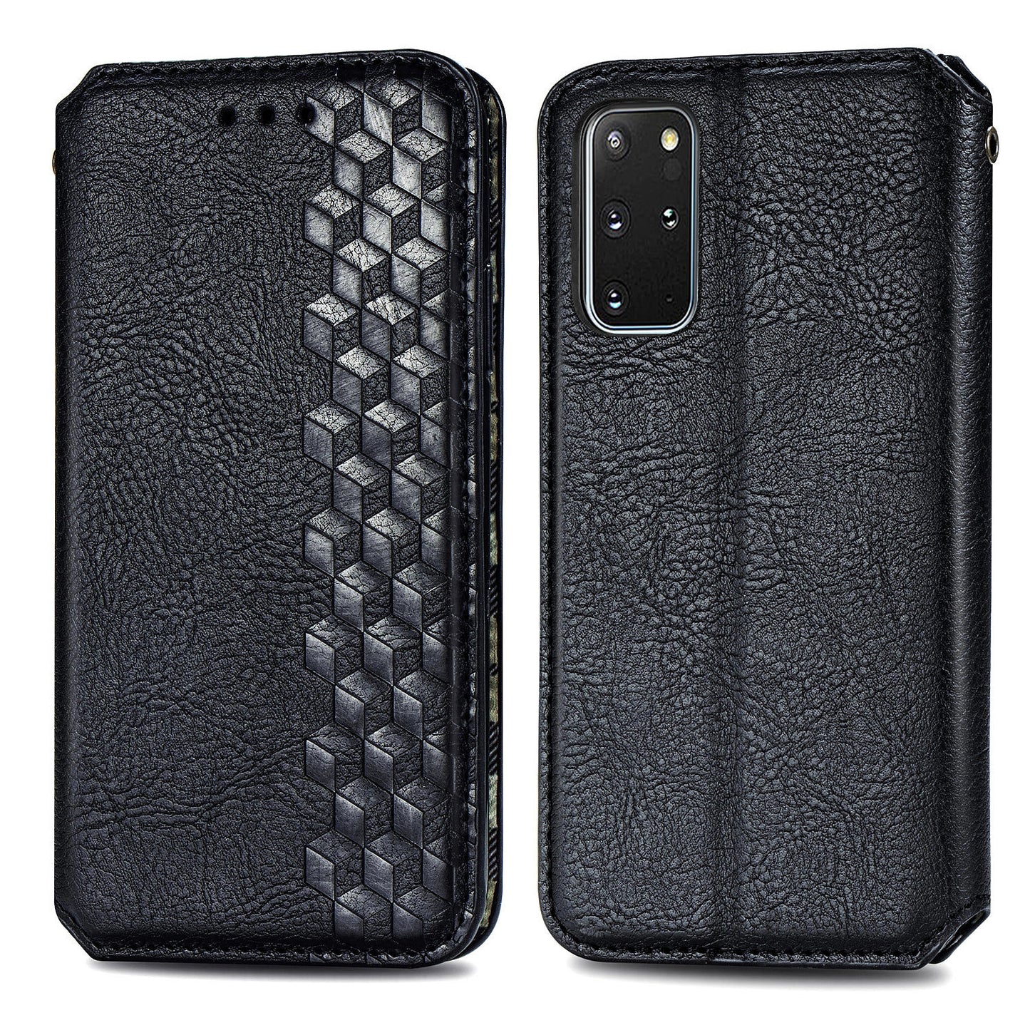 Auto-Absorbed PU Leather Case for Samsung Galaxy S20 Plus/S20 Plus 5G, Rhombus Imprinting Wallet Stand Design Phone Accessory - Black
