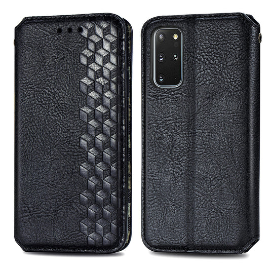 Auto-Absorbed PU Leather Case for Samsung Galaxy S20 Plus/S20 Plus 5G, Rhombus Imprinting Wallet Stand Design Phone Accessory - Black