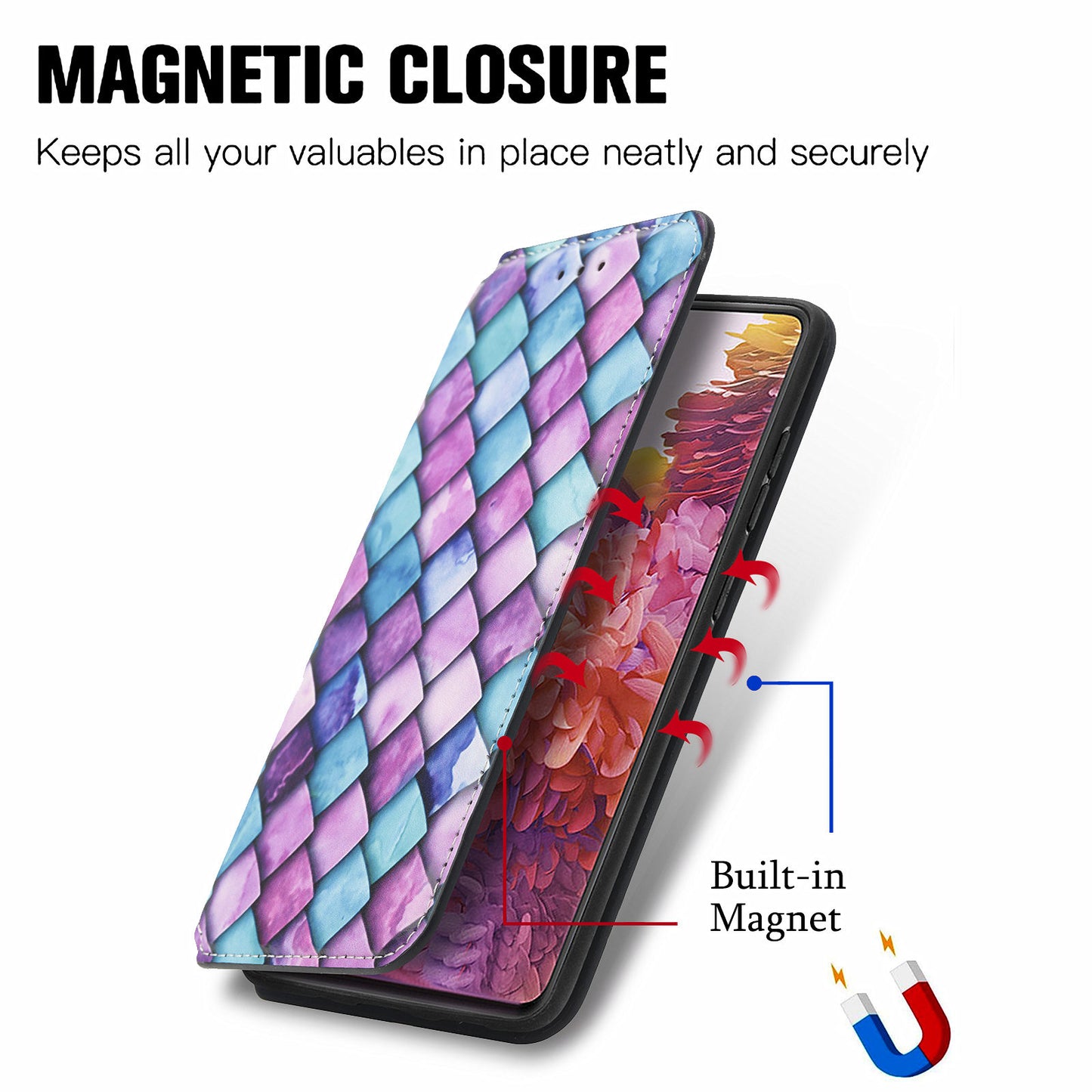 CASENEO 001 Series for Samsung Galaxy S20 5G/4G Pattern Printing Leather Wallet Folio Case, RFID Blocking Magnetic Auto-absorbed Viewing Stand Flip Cover - Purple Scale