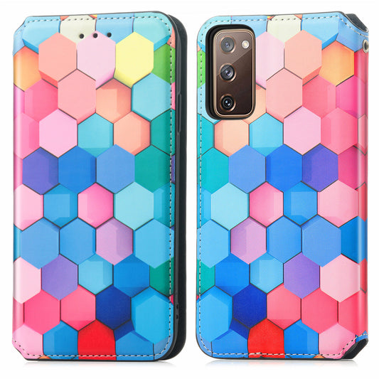 CASENEO 001 Series for Samsung Galaxy S20 FE 2022/S20 FE 4G/5G/S20 Lite/S20 Fan Edition 4G/5G Pattern Printing Leather Case RFID Blocking Wallet Stand Magnetic Closure Phone Cover - Colorful Honeycomb
