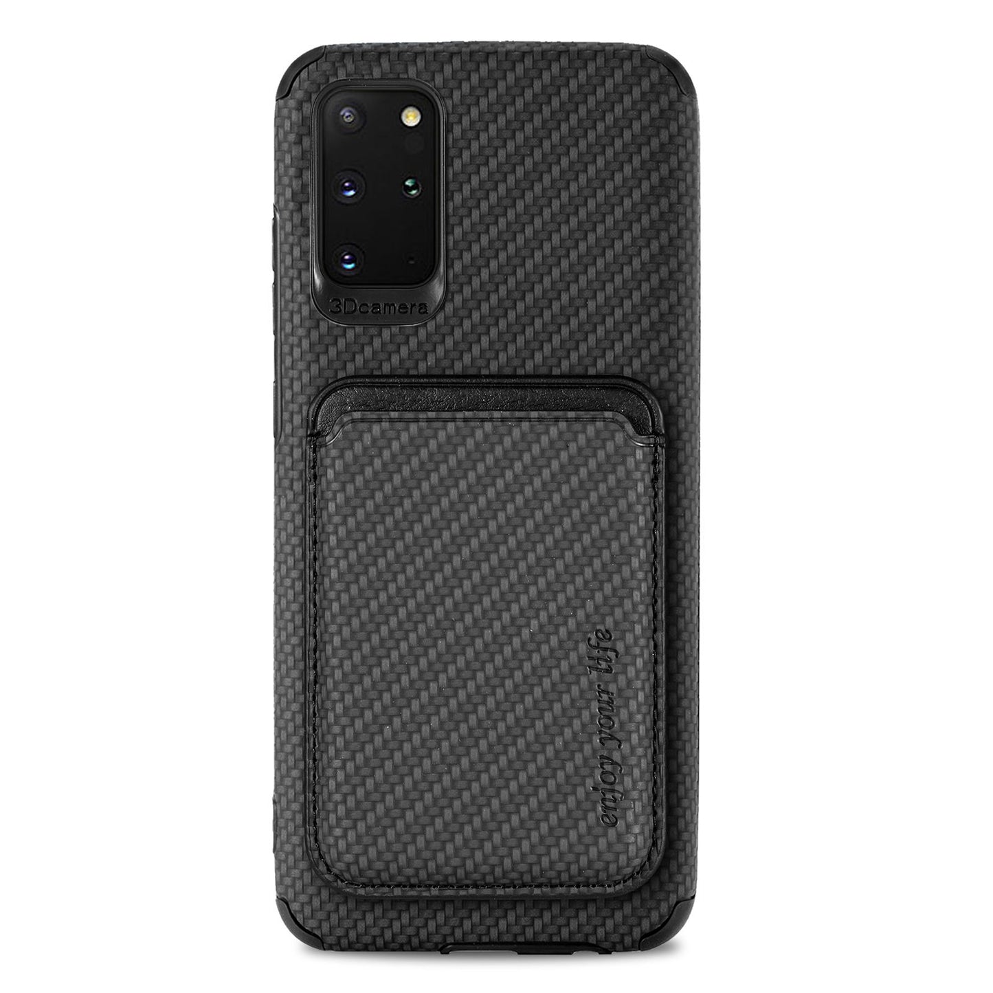 For Samsung Galaxy S20 Plus/Plus 5G PU Leather Coated TPU + PVC Phone Case Detachable Card Holder Carbon Fiber Texture Anti-fingerprint Case Cover - Black