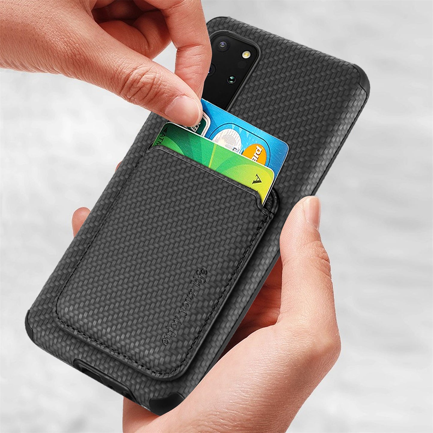 For Samsung Galaxy S20 Plus/Plus 5G PU Leather Coated TPU + PVC Phone Case Detachable Card Holder Carbon Fiber Texture Anti-fingerprint Case Cover - Black