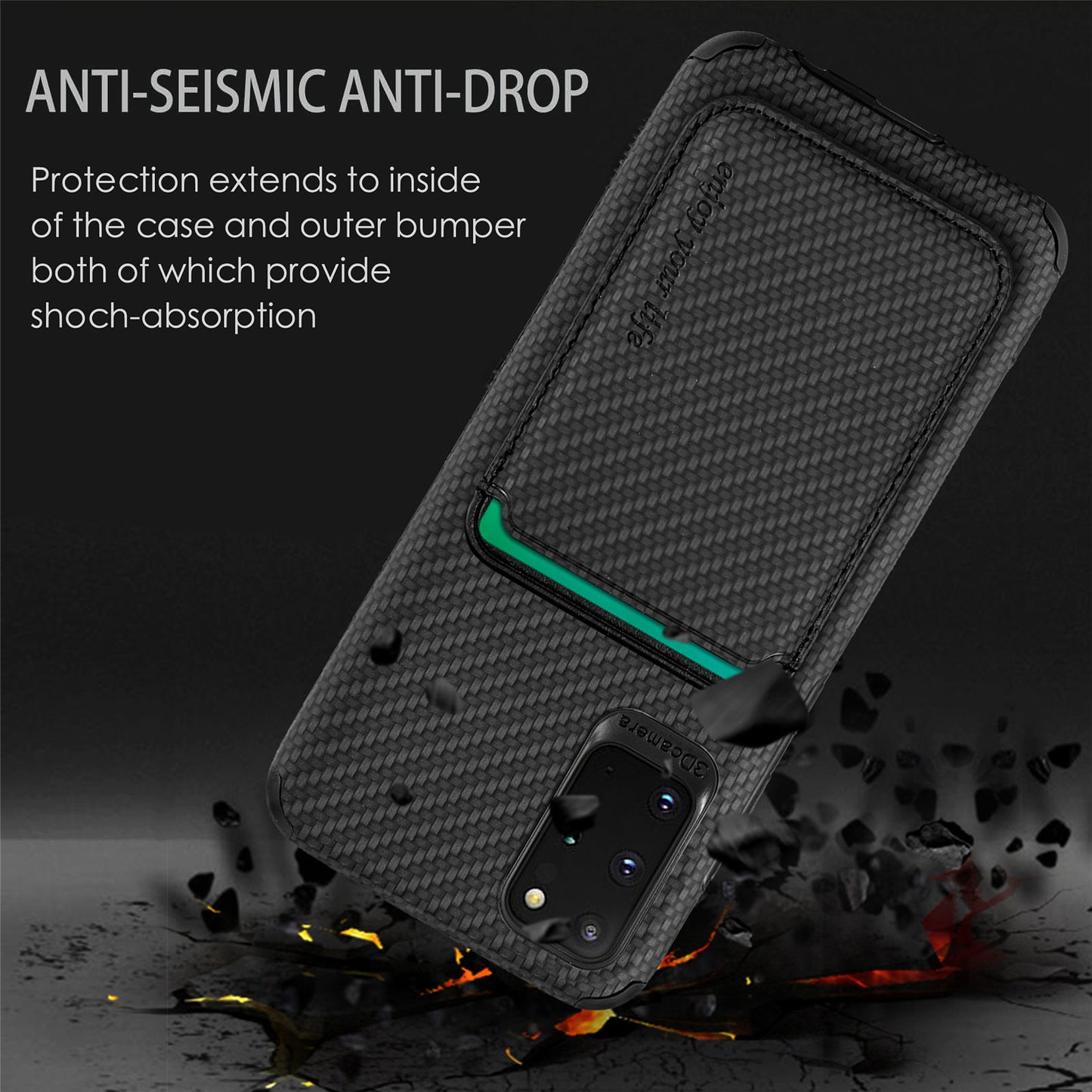 For Samsung Galaxy S20 Plus/Plus 5G PU Leather Coated TPU + PVC Phone Case Detachable Card Holder Carbon Fiber Texture Anti-fingerprint Case Cover - Black