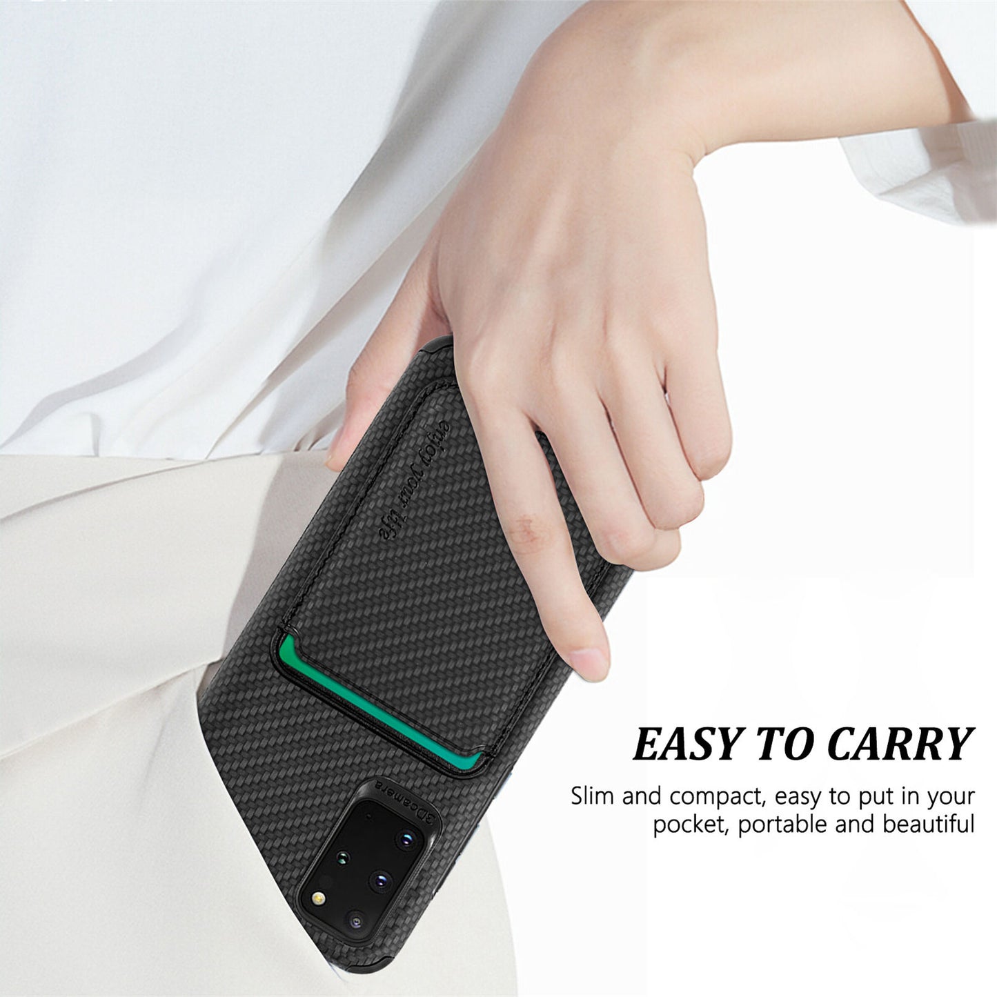 For Samsung Galaxy S20 Plus/Plus 5G PU Leather Coated TPU + PVC Phone Case Detachable Card Holder Carbon Fiber Texture Anti-fingerprint Case Cover - Black