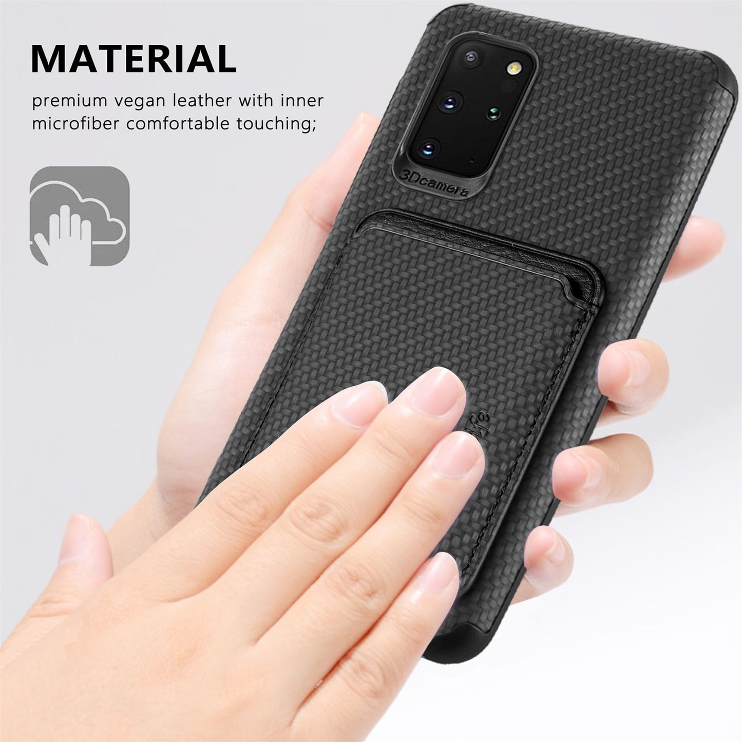 For Samsung Galaxy S20 Plus/Plus 5G PU Leather Coated TPU + PVC Phone Case Detachable Card Holder Carbon Fiber Texture Anti-fingerprint Case Cover - Black