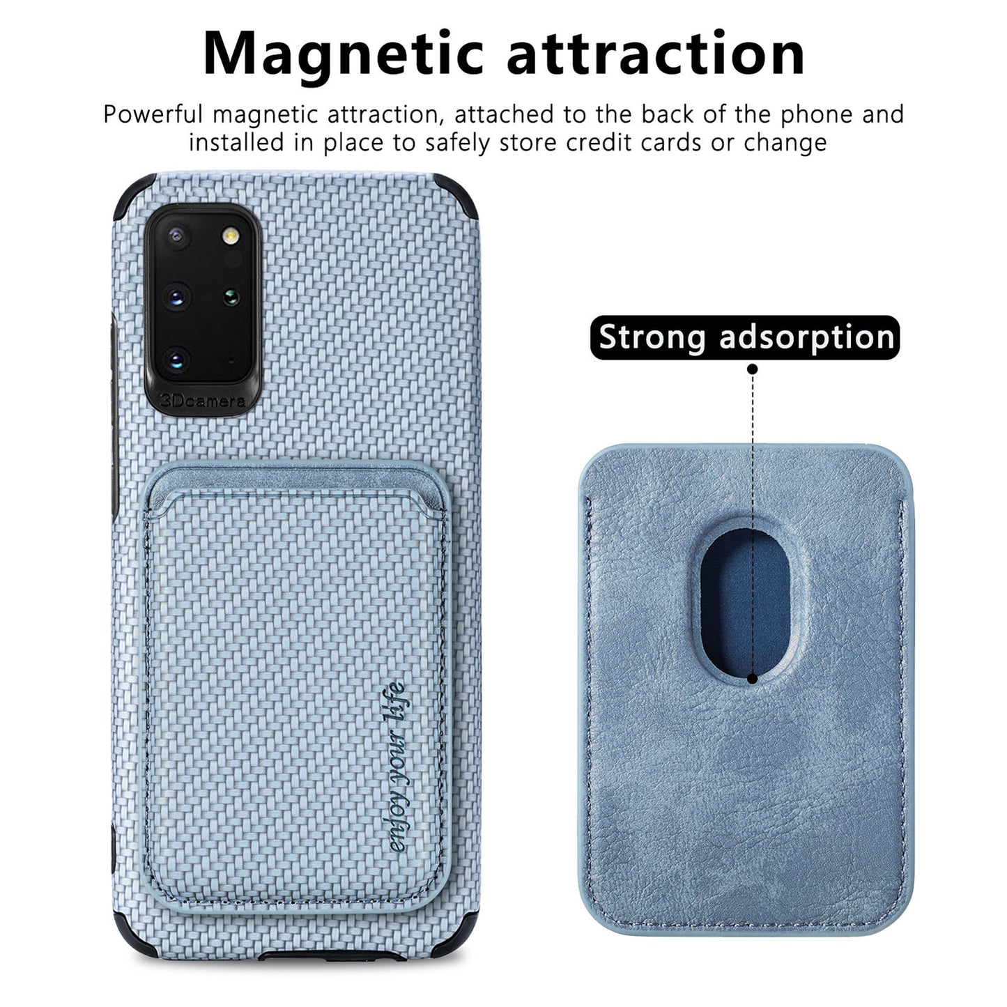 For Samsung Galaxy S20 Plus/Plus 5G PU Leather Coated TPU + PVC Phone Case Detachable Card Holder Carbon Fiber Texture Anti-fingerprint Case Cover - Blue