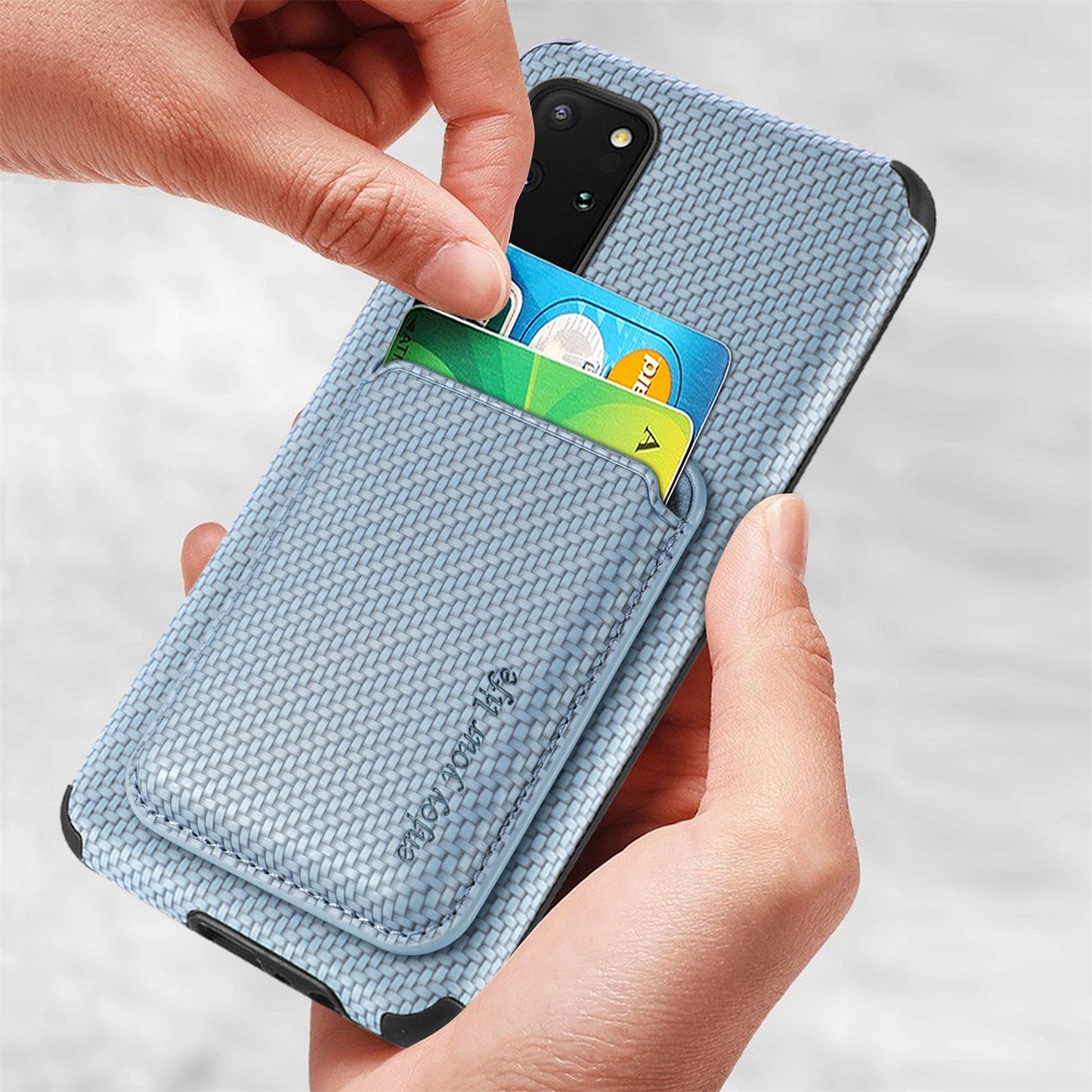 For Samsung Galaxy S20 Plus/Plus 5G PU Leather Coated TPU + PVC Phone Case Detachable Card Holder Carbon Fiber Texture Anti-fingerprint Case Cover - Blue