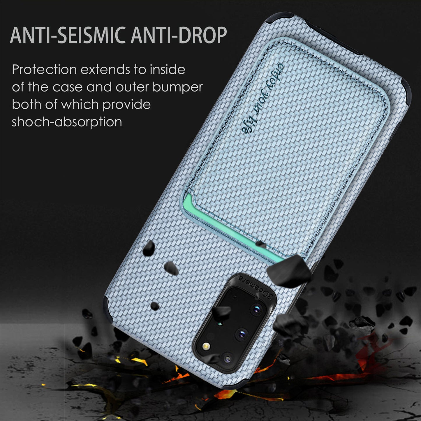 For Samsung Galaxy S20 Plus/Plus 5G PU Leather Coated TPU + PVC Phone Case Detachable Card Holder Carbon Fiber Texture Anti-fingerprint Case Cover - Blue