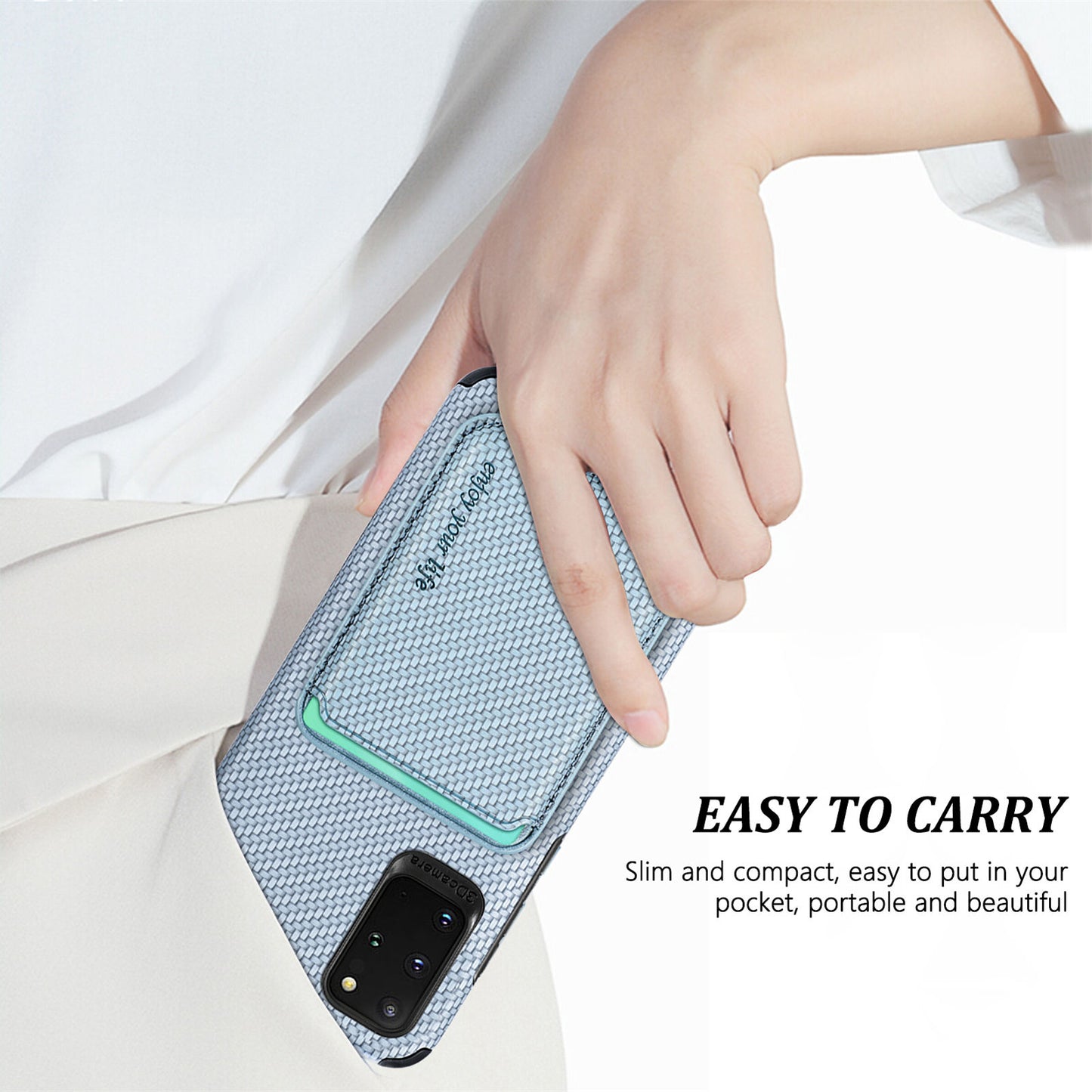 For Samsung Galaxy S20 Plus/Plus 5G PU Leather Coated TPU + PVC Phone Case Detachable Card Holder Carbon Fiber Texture Anti-fingerprint Case Cover - Blue