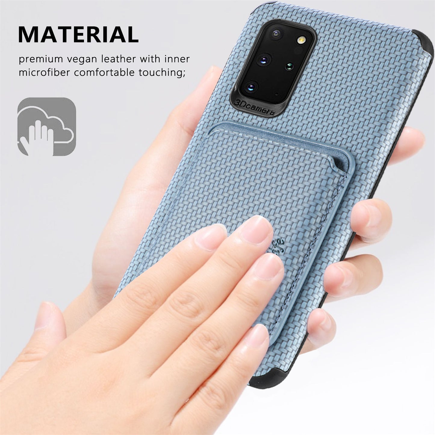 For Samsung Galaxy S20 Plus/Plus 5G PU Leather Coated TPU + PVC Phone Case Detachable Card Holder Carbon Fiber Texture Anti-fingerprint Case Cover - Blue