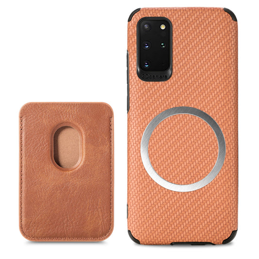 For Samsung Galaxy S20 Plus/Plus 5G PU Leather Coated TPU + PVC Phone Case Detachable Card Holder Carbon Fiber Texture Anti-fingerprint Case Cover - Brown