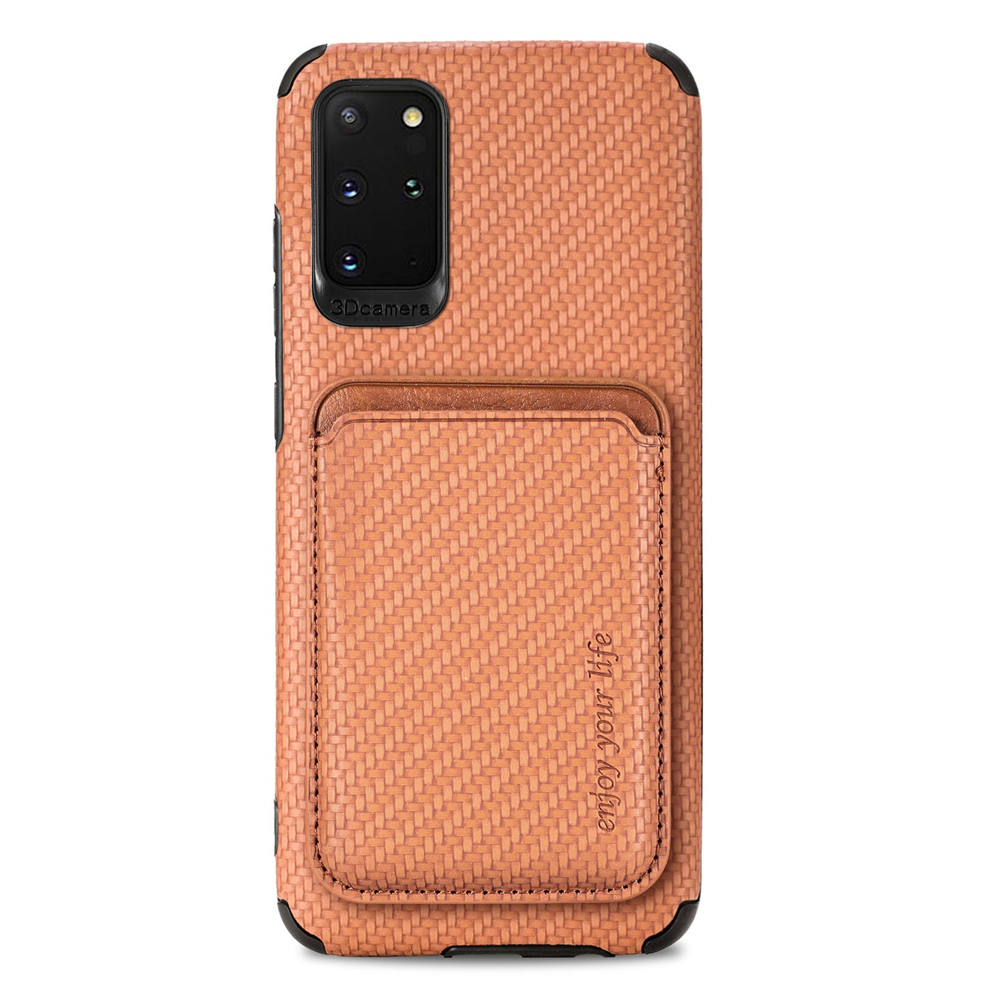 For Samsung Galaxy S20 Plus/Plus 5G PU Leather Coated TPU + PVC Phone Case Detachable Card Holder Carbon Fiber Texture Anti-fingerprint Case Cover - Brown