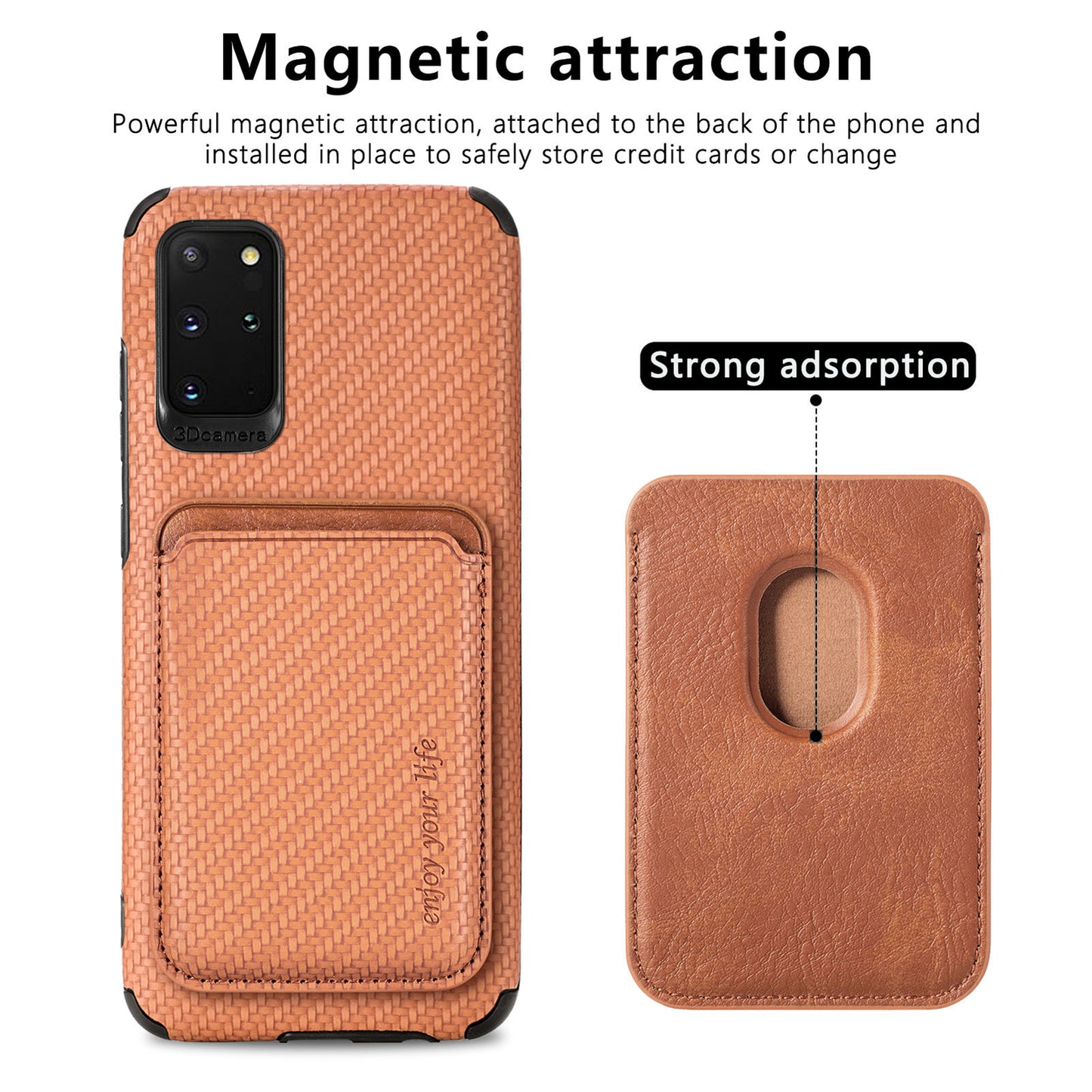 For Samsung Galaxy S20 Plus/Plus 5G PU Leather Coated TPU + PVC Phone Case Detachable Card Holder Carbon Fiber Texture Anti-fingerprint Case Cover - Brown