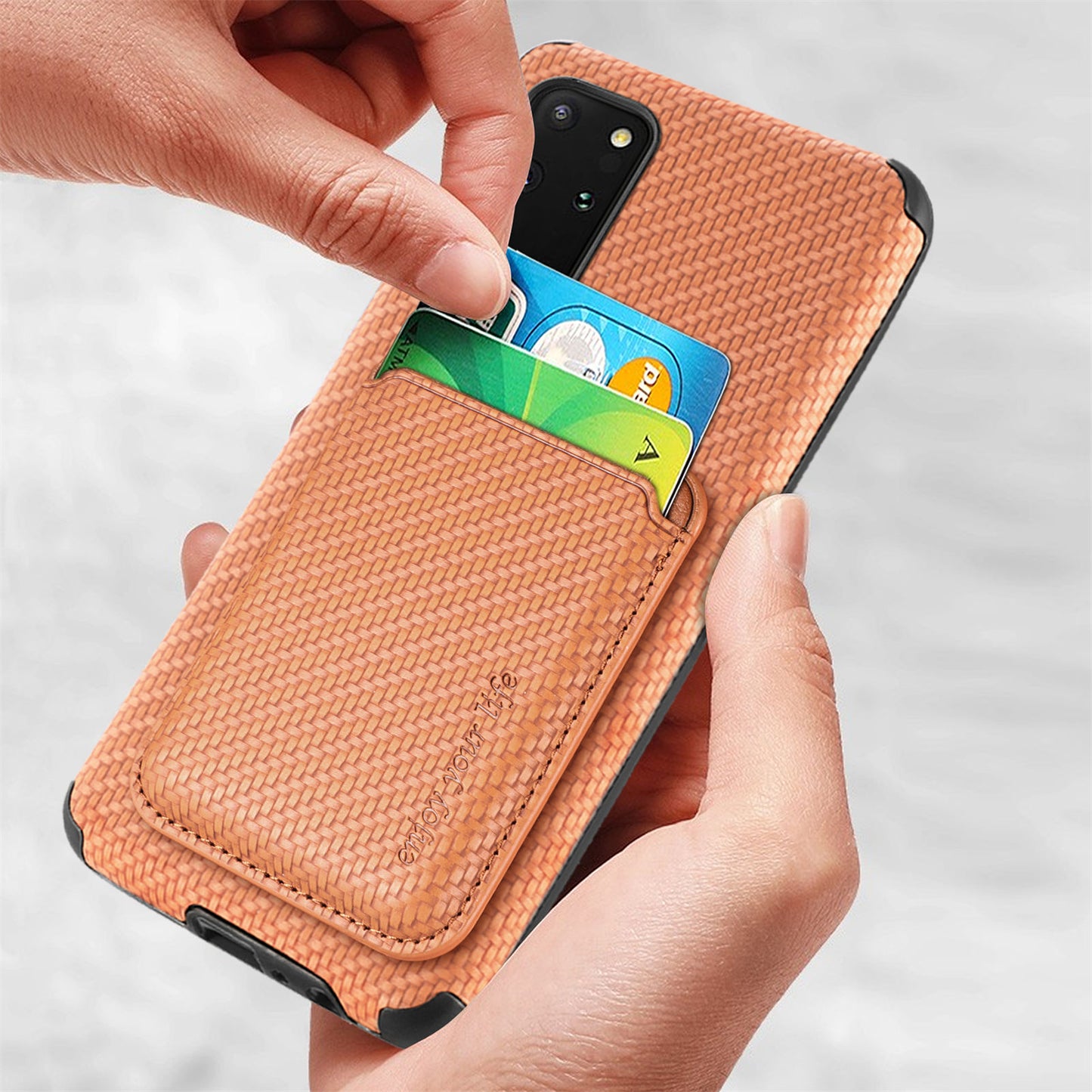 For Samsung Galaxy S20 Plus/Plus 5G PU Leather Coated TPU + PVC Phone Case Detachable Card Holder Carbon Fiber Texture Anti-fingerprint Case Cover - Brown