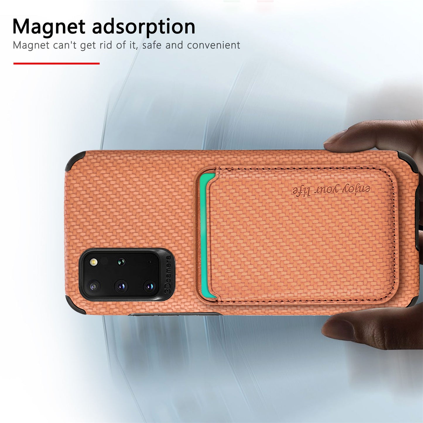 For Samsung Galaxy S20 Plus/Plus 5G PU Leather Coated TPU + PVC Phone Case Detachable Card Holder Carbon Fiber Texture Anti-fingerprint Case Cover - Brown