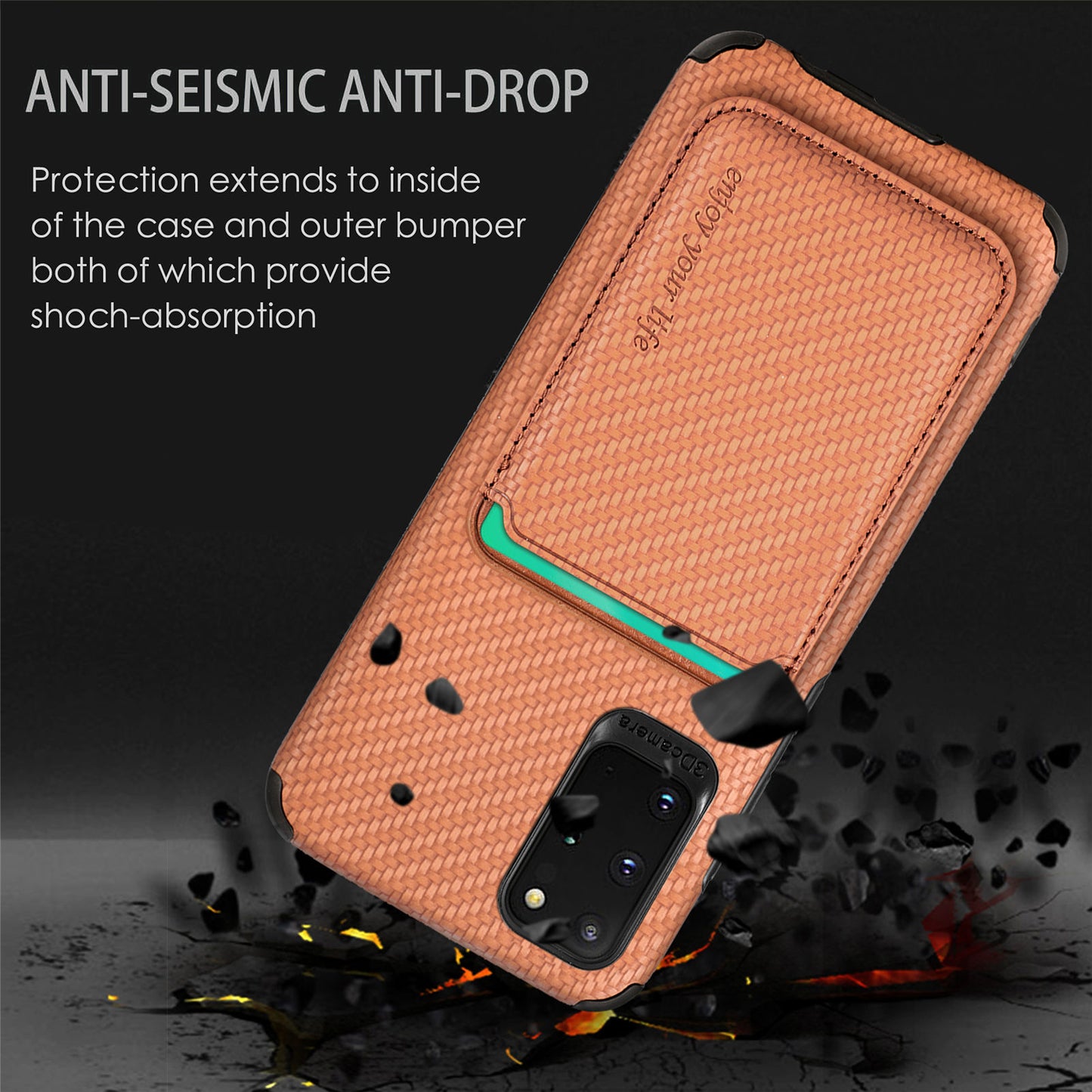 For Samsung Galaxy S20 Plus/Plus 5G PU Leather Coated TPU + PVC Phone Case Detachable Card Holder Carbon Fiber Texture Anti-fingerprint Case Cover - Brown